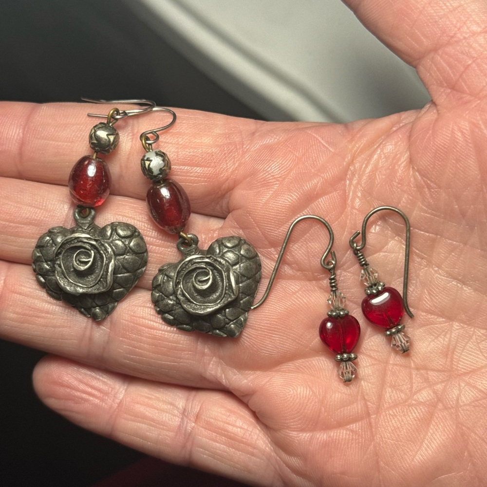Heart-Shaped Silver Tone and Red Earrings‎ Set